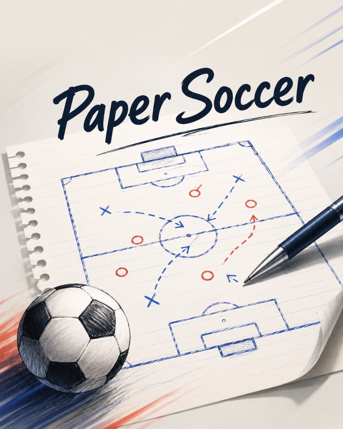 Paper Soccer browser game illustration: a paper field with drawn routes, a ball and a pen